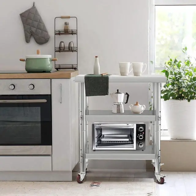 Alt view image 7 of 7 - Stainless Steel Table, 36" X 24" Work Table with Wheels, 3 Shelves Metal Table Prep Table for Home Kitchen Restaurant Garage Warehouse Outdoor