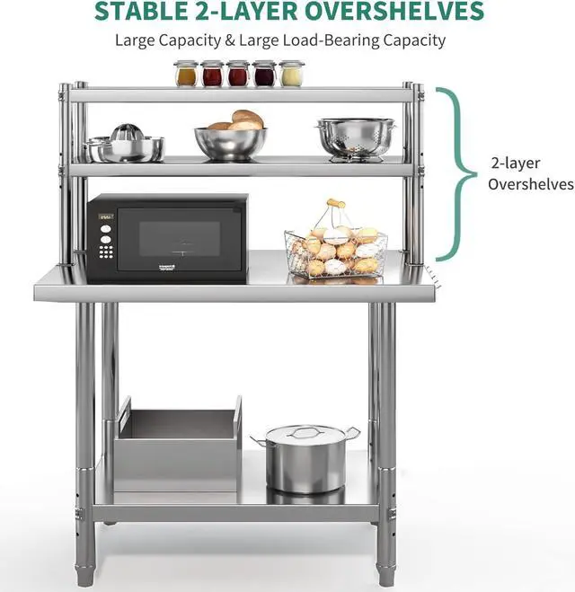 Alt view image 5 of 7 - Stainless Steel Table with Overshelves, 36" X 24" Work Table with 36" X 12" Shelf, Metal Table Prep Table for Home Kitchen Restaurant Garage Warehouse