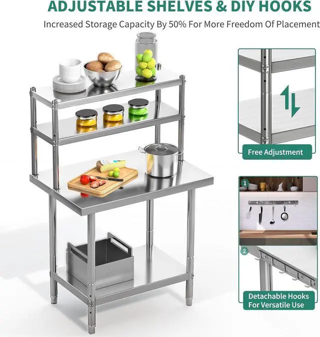 Alt view image 4 of 7 - Stainless Steel Table with Overshelves, 36" X 24" Work Table with 36" X 12" Shelf, Metal Table Prep Table for Home Kitchen Restaurant Garage Warehouse