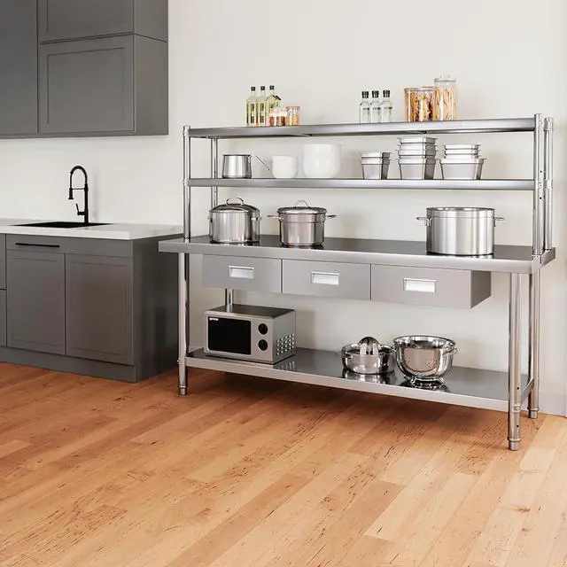 Alt view image 2 of 7 - Stainless Steel Table with Overshelves & Drawers, 72" X 24" Work Table with 72" X 12" Shelf & 3 Drawers, Metal Table Prep Table