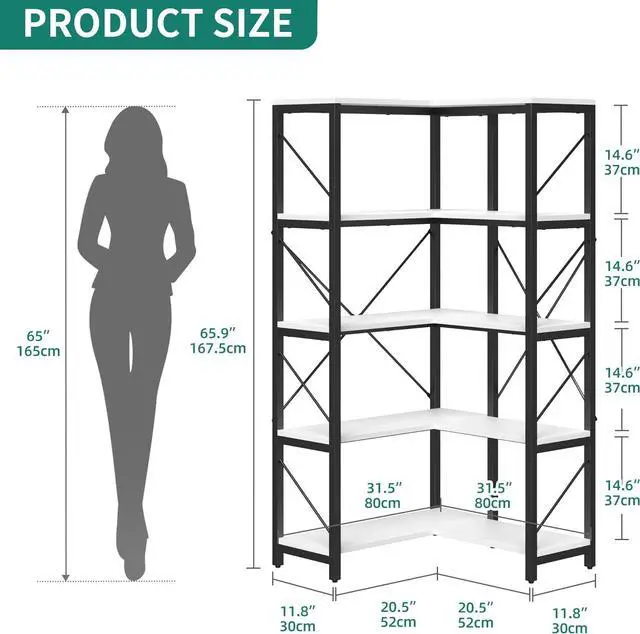 Alt view image 2 of 6 - Corner Bookshelf, 5-Tier L-Shaped Bookcase Storage Organizer, Tall Open Display Freestanding Storage Rack Modern Book Shelf for Living Room, Bedroom, Home Office, White
