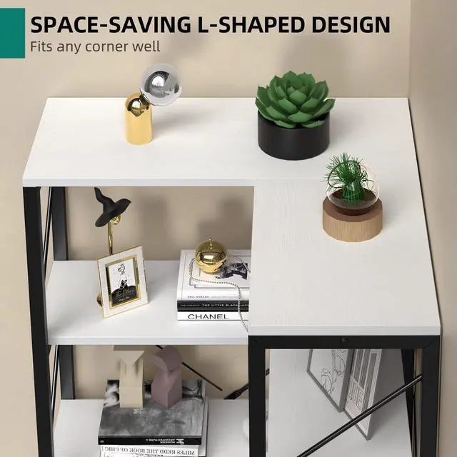 Alt view image 4 of 6 - Corner Bookshelf, 5-Tier L-Shaped Bookcase Storage Organizer, Tall Open Display Freestanding Storage Rack Modern Book Shelf for Living Room, Bedroom, Home Office, White