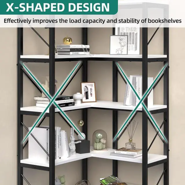 Alt view image 5 of 6 - Corner Bookshelf, 5-Tier L-Shaped Bookcase Storage Organizer, Tall Open Display Freestanding Storage Rack Modern Book Shelf for Living Room, Bedroom, Home Office, White