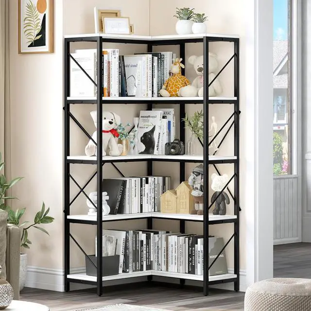 Alt view image 3 of 6 - Corner Bookshelf, 5-Tier L-Shaped Bookcase Storage Organizer, Tall Open Display Freestanding Storage Rack Modern Book Shelf for Living Room, Bedroom, Home Office, White