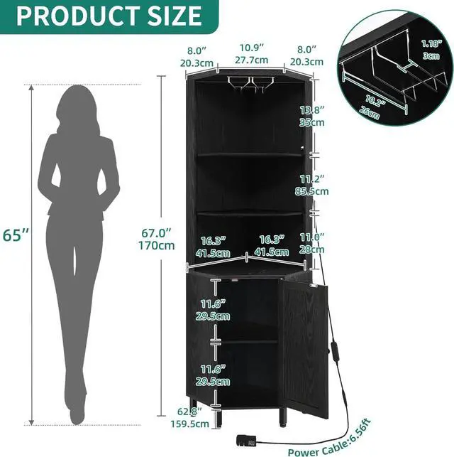 Alt view image 2 of 7 - Corner Bar Cabinet with LED Lights & Glass Holder, 5 Tier Corner Shelf with Storage, Wine Rack Cabinet Display Shelves for Living Room, Dining Room, Kitchen, Black