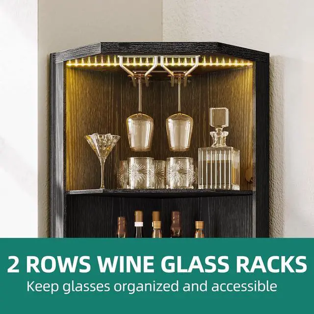 Alt view image 4 of 7 - Corner Bar Cabinet with LED Lights & Glass Holder, 5 Tier Corner Shelf with Storage, Wine Rack Cabinet Display Shelves for Living Room, Dining Room, Kitchen, Black