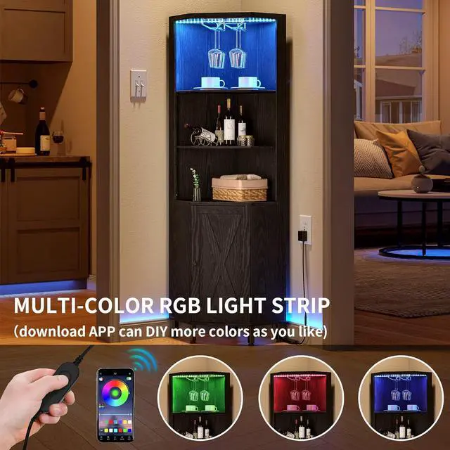 Alt view image 3 of 7 - Corner Bar Cabinet with LED Lights & Glass Holder, 5 Tier Corner Shelf with Storage, Wine Rack Cabinet Display Shelves for Living Room, Dining Room, Kitchen, Black
