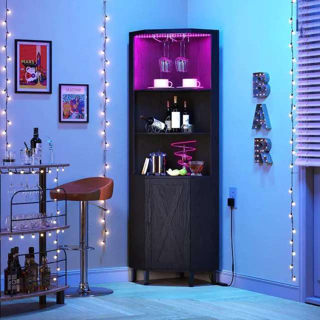 Alt view image 7 of 7 - Corner Bar Cabinet with LED Lights & Glass Holder, 5 Tier Corner Shelf with Storage, Wine Rack Cabinet Display Shelves for Living Room, Dining Room, Kitchen, Black