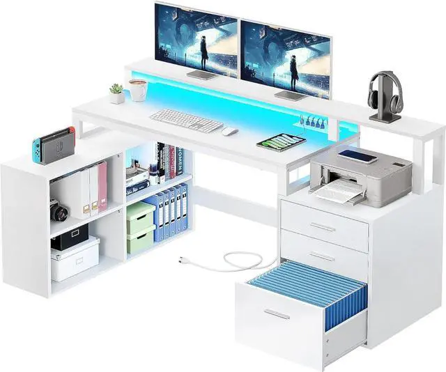 Main image of L Shaped Desk with Power Outlets & LED Lights & File Cabinet, 65" Computer Desk Corner Desk with 3 Drawers and 4 Storage Shelves, Home Office Desk with Monitor Stand, Printer Stand, White