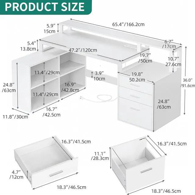 Alt view image 3 of 7 - L Shaped Desk with Power Outlets & LED Lights & File Cabinet, 65" Computer Desk Corner Desk with 3 Drawers and 4 Storage Shelves, Home Office Desk with Monitor Stand, Printer Stand, White