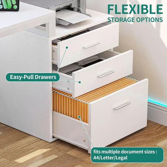 Alt view image 4 of 7 - L Shaped Desk with Power Outlets & LED Lights & File Cabinet, 65" Computer Desk Corner Desk with 3 Drawers and 4 Storage Shelves, Home Office Desk with Monitor Stand, Printer Stand, White