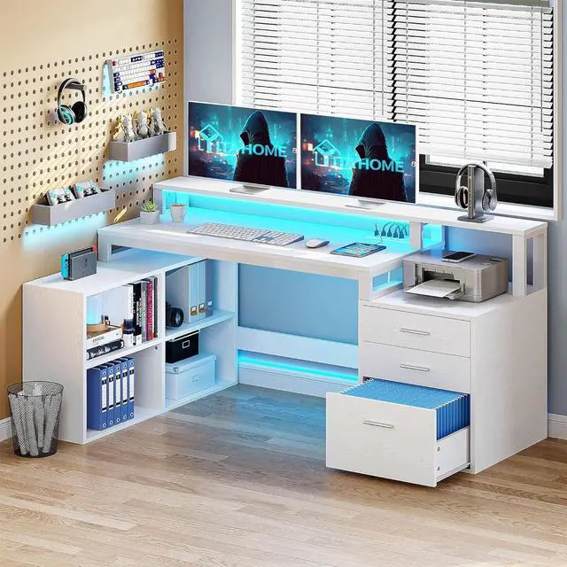 Alt view image 2 of 7 - L Shaped Desk with Power Outlets & LED Lights & File Cabinet, 65" Computer Desk Corner Desk with 3 Drawers and 4 Storage Shelves, Home Office Desk with Monitor Stand, Printer Stand, White