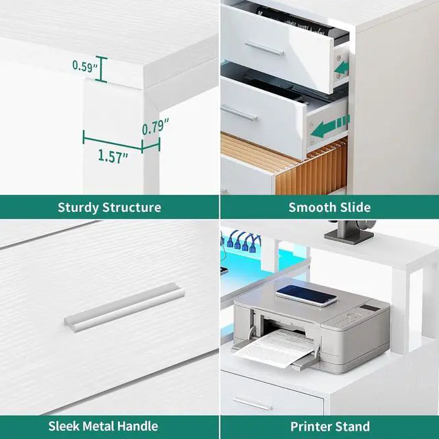 Alt view image 7 of 7 - L Shaped Desk with Power Outlets & LED Lights & File Cabinet, 65" Computer Desk Corner Desk with 3 Drawers and 4 Storage Shelves, Home Office Desk with Monitor Stand, Printer Stand, White