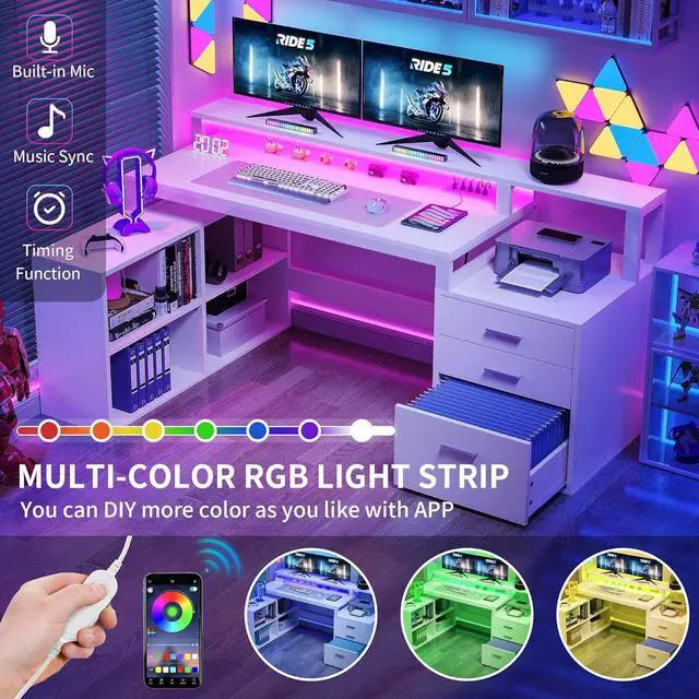 Alt view image 5 of 7 - L Shaped Desk with Power Outlets & LED Lights & File Cabinet, 65" Computer Desk Corner Desk with 3 Drawers and 4 Storage Shelves, Home Office Desk with Monitor Stand, Printer Stand, White