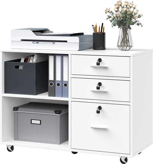 Wood 3 Drawer File Cabinet with Lock, Lateral Rolling File Cabinet