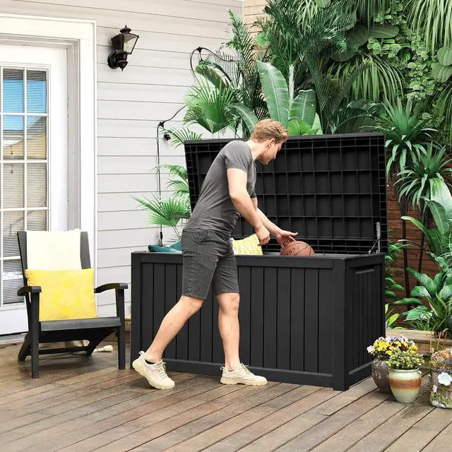 Alt view image 2 of 7 - XXL 230 Gallon Large Outdoor Storage Deck Box for Patio Furniture, Outdoor Cushions, Garden Tools and Sports/Pools Equipment, Weather Resistant Resin, Lockable (Black)
