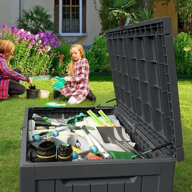 Alt view image 4 of 7 - XXL 230 Gallon Large Outdoor Storage Deck Box for Patio Furniture, Outdoor Cushions, Garden Tools and Sports/Pools Equipment, Weather Resistant Resin, Lockable (Black)