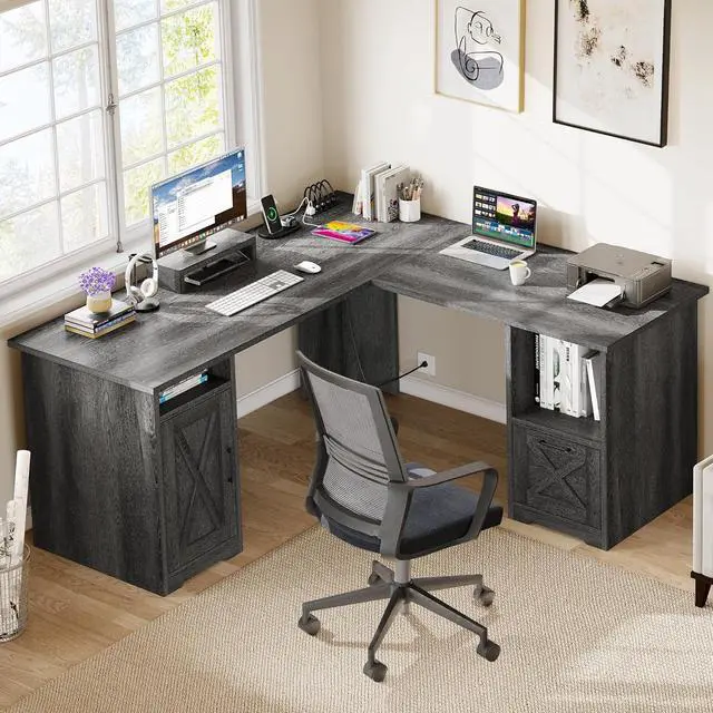 Alt view image 2 of 7 - L Shaped Desk with Power Outlets, 60 Inch Computer Desk Corner Desk with File Drawer, Home Office Desk with Monitor Stand & Storage Shelves, L-Shaped Desk with File Cabinet, Grey
