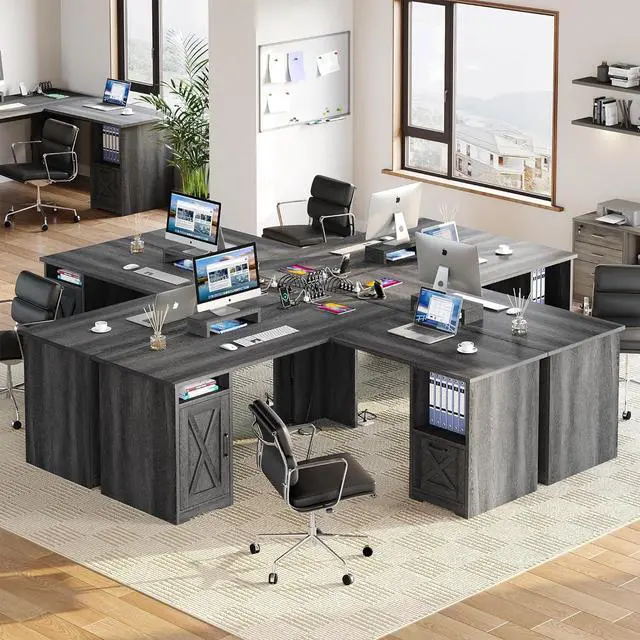 Alt view image 4 of 7 - L Shaped Desk with Power Outlets, 60 Inch Computer Desk Corner Desk with File Drawer, Home Office Desk with Monitor Stand & Storage Shelves, L-Shaped Desk with File Cabinet, Grey