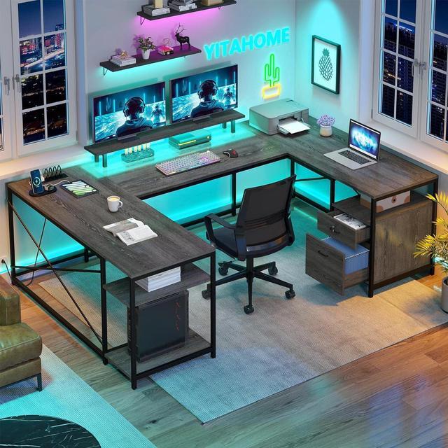 U Shaped Desk with Power Outlets LED Lights Reversible Computer Desk L Shaped Desk with Drawers Large Corner Office Desk with Monitor Stand Storage Shelves 2 Person Desk Grey