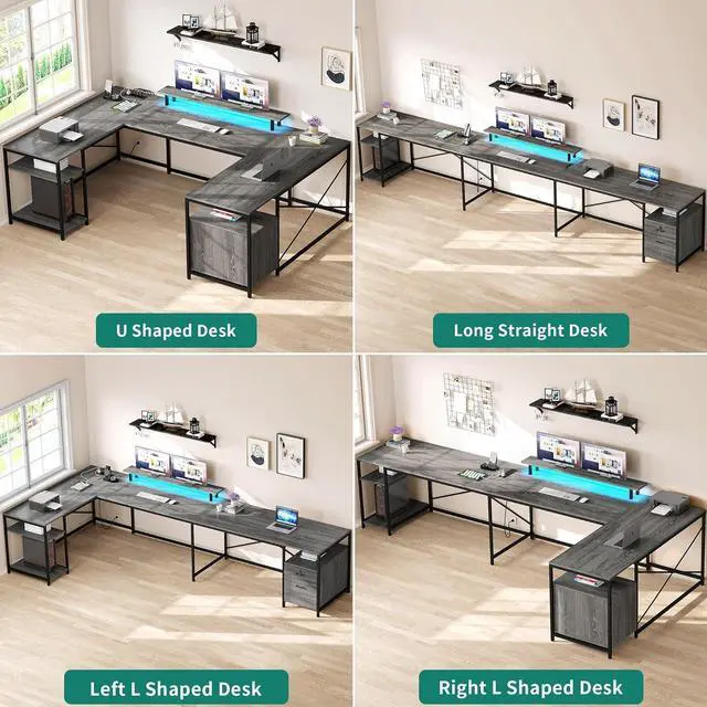 Alt view image 4 of 7 - U Shaped Desk with Power Outlets & LED Lights, Reversible Computer Desk L Shaped Desk with Drawers, Large Corner Office Desk with Monitor Stand & Storage Shelves, 2 Person Desk, Grey