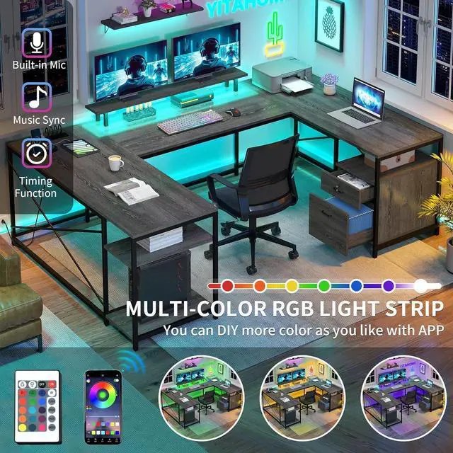 Alt view image 3 of 7 - U Shaped Desk with Power Outlets & LED Lights, Reversible Computer Desk L Shaped Desk with Drawers, Large Corner Office Desk with Monitor Stand & Storage Shelves, 2 Person Desk, Grey