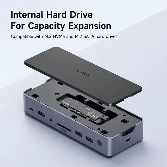 Alt view image 7 of 7 - Hagibis USB C Docking Station with Hard Drive Enclosure, Triple Display USB C Hub 15 in 1 Type C Dongle Adapter with M.2 SSD, 8K DP, 8K HDMI, 100W PD3.0, Gigabit RJ45, SD4.0, Micro SD3.0, USB 3.1, AUX
