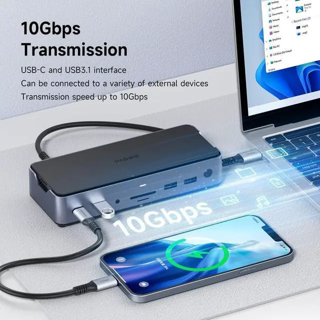 Alt view image 3 of 7 - Hagibis USB C Docking Station with Hard Drive Enclosure, Triple Display USB C Hub 15 in 1 Type C Dongle Adapter with M.2 SSD, 8K DP, 8K HDMI, 100W PD3.0, Gigabit RJ45, SD4.0, Micro SD3.0, USB 3.1, AUX