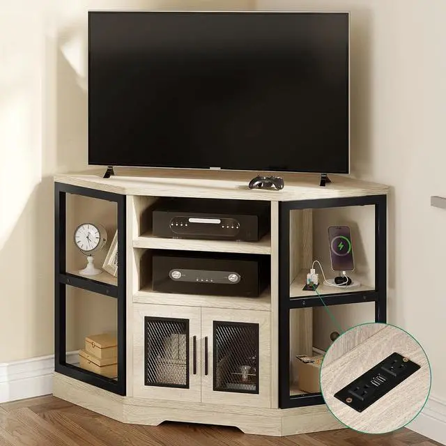 Alt view image 2 of 7 - Corner TV Stand for TVs up to 55/50 Inch with Power Outlet, Modern Farmhouse Entertainment Center, Wood TV Media Console with Storage Cabinets Shelves for Living Room, White Oak