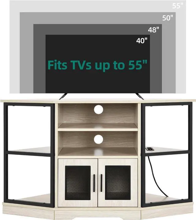 Alt view image 7 of 7 - Corner TV Stand for TVs up to 55/50 Inch with Power Outlet, Modern Farmhouse Entertainment Center, Wood TV Media Console with Storage Cabinets Shelves for Living Room, White Oak