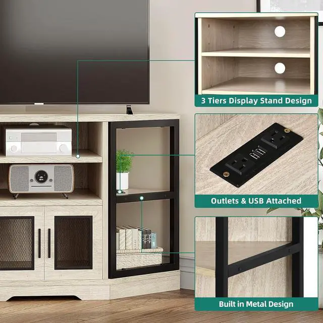 Alt view image 5 of 7 - Corner TV Stand for TVs up to 55/50 Inch with Power Outlet, Modern Farmhouse Entertainment Center, Wood TV Media Console with Storage Cabinets Shelves for Living Room, White Oak