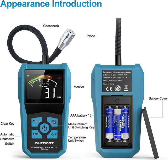 Alt view image 7 of 7 - Natural Gas Detector, Portable Gas Detector, Alarmable Gas Sniffer for Home Measuring Natural Gas, Coal Gas and Other Combustible Gases, Suitable for Kitchen Mobile Caravan Gas Station