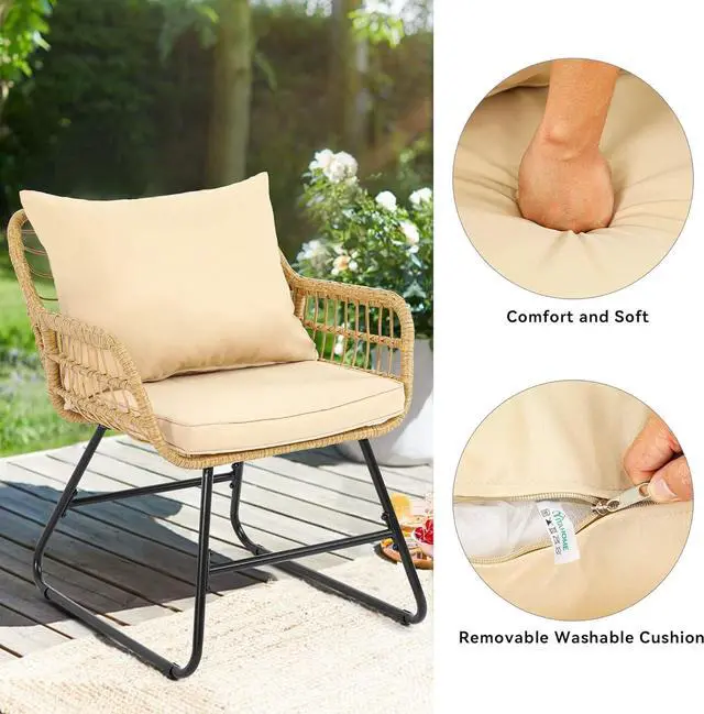 Alt view image 5 of 7 - 4-Piece Patio Furniture Wicker Outdoor Bistro Set, All-Weather Rattan Conversation Loveseat Chairs for Backyard, Balcony and Deck with Soft Cushions and Metal Table (Light Brown+Beige)