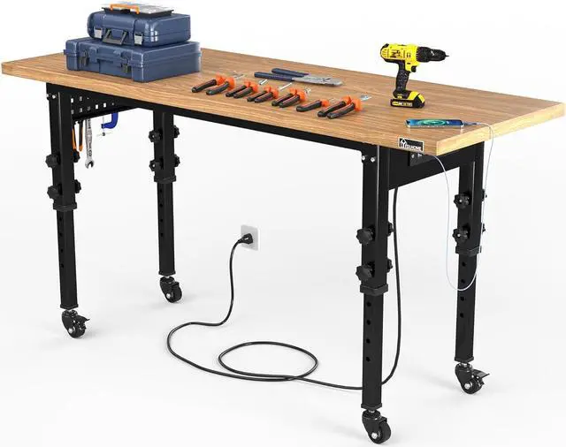 Main image of Work Bench 60" L X 24" W Adjustable Workbench for Garage W/Pegboard & Power Outlets Heavy-Duty Workstation, 1600 LBS Load Capacity with Wheels for Workshop, Office, Home Outdoor