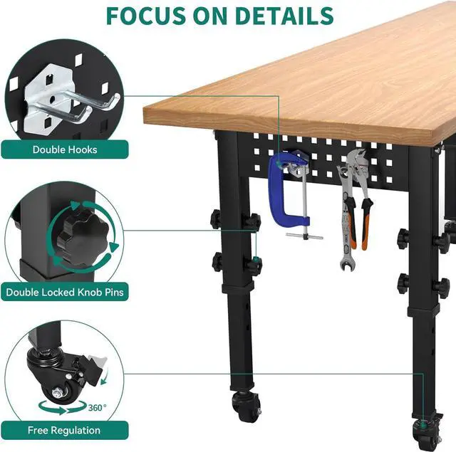 Alt view image 4 of 7 - Work Bench 60" L X 24" W Adjustable Workbench for Garage W/Pegboard & Power Outlets Heavy-Duty Workstation, 1600 LBS Load Capacity with Wheels for Workshop, Office, Home Outdoor