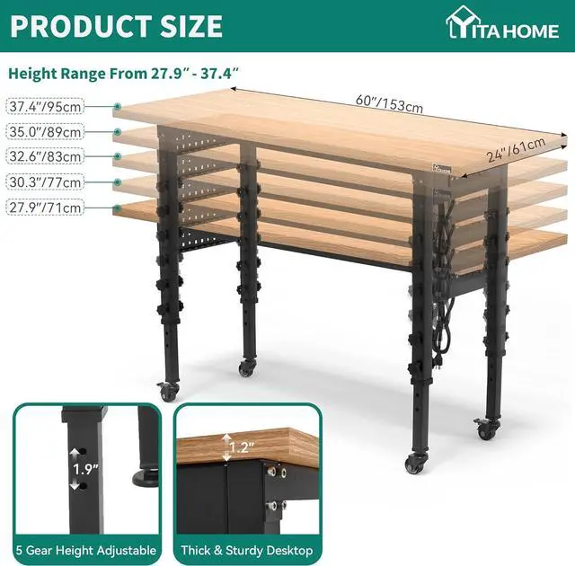 Alt view image 2 of 7 - Work Bench 60" L X 24" W Adjustable Workbench for Garage W/Pegboard & Power Outlets Heavy-Duty Workstation, 1600 LBS Load Capacity with Wheels for Workshop, Office, Home Outdoor