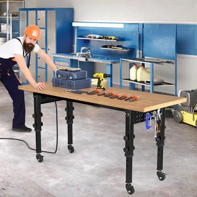 Alt view image 5 of 7 - Work Bench 60" L X 24" W Adjustable Workbench for Garage W/Pegboard & Power Outlets Heavy-Duty Workstation, 1600 LBS Load Capacity with Wheels for Workshop, Office, Home Outdoor