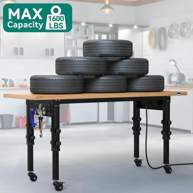 Alt view image 6 of 7 - Work Bench 60" L X 24" W Adjustable Workbench for Garage W/Pegboard & Power Outlets Heavy-Duty Workstation, 1600 LBS Load Capacity with Wheels for Workshop, Office, Home Outdoor