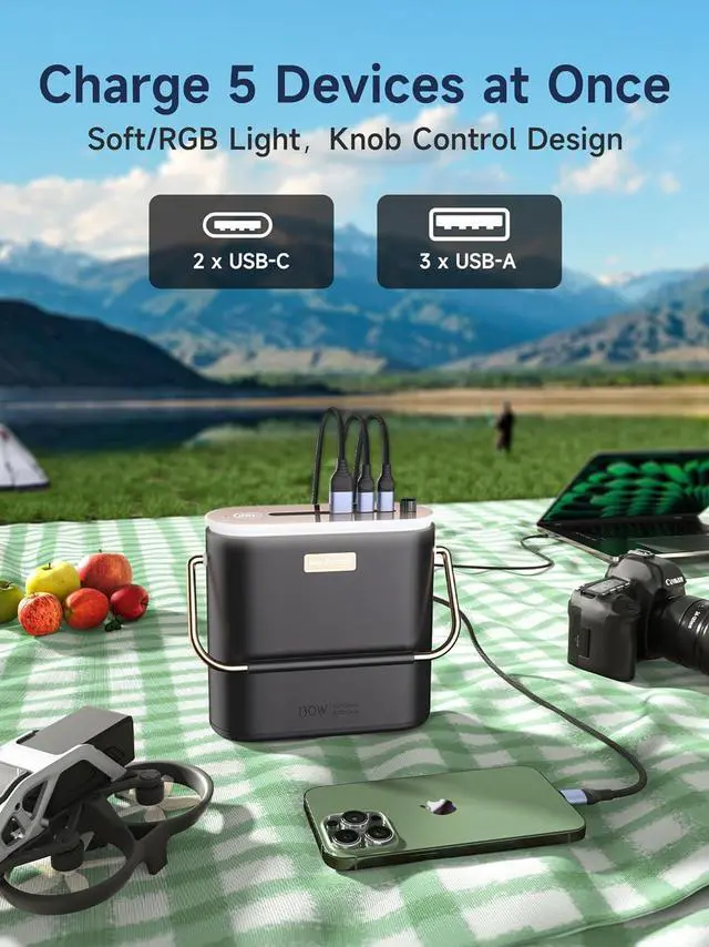 Alt view image 5 of 7 - Power Bank 80000mAh 130W, Portable Power Station with Digital Display, Lighting Mode, USB C 5-Port for Laptop,Travel,Outdoor Camping(296Wh)