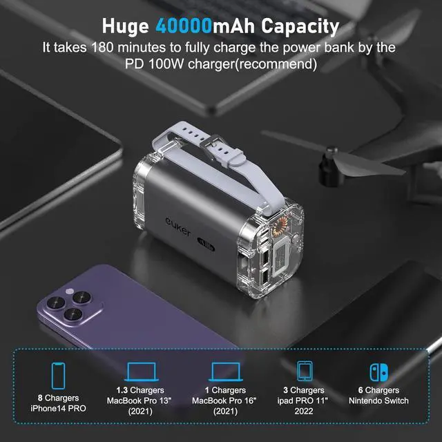 Alt view image 3 of 7 - Power Bank 40000mAh 100W Laptop Portable Charger 4 Ports, IP67 with LED Lights and See-Through IPS Screen, Power Station Battery Pack for iPhone 14/13 Series