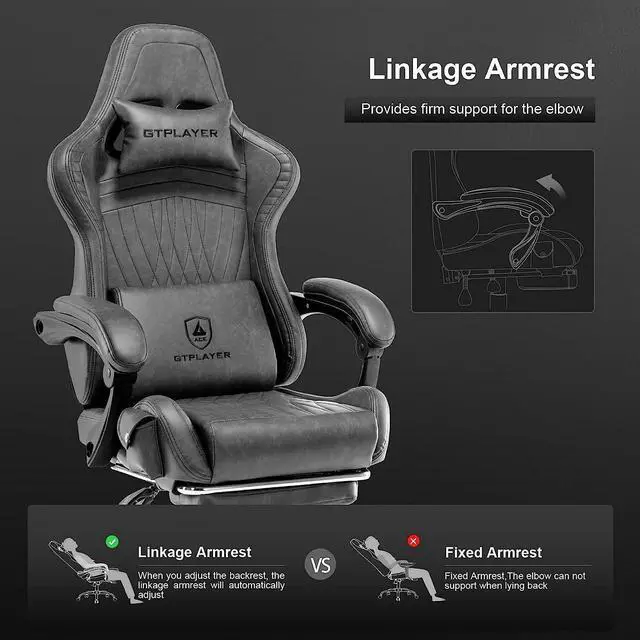 Alt view image 3 of 6 - Gaming Chair, Computer Chair with Footrest and Bluetooth Speakers, High Back Ergonomic Gaming Chair, Reclining Gaming Chair with Linkage Armrests for Adults by GTRacing (Grey)