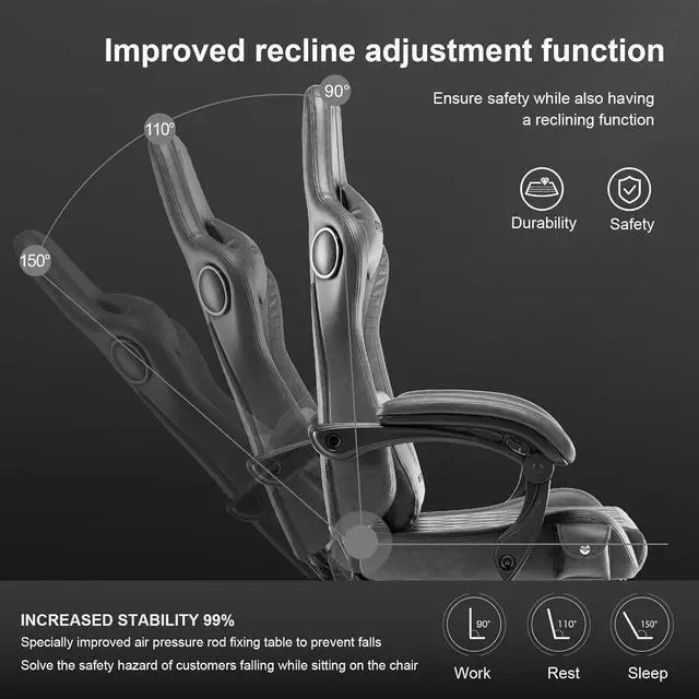 Alt view image 2 of 6 - Gaming Chair, Computer Chair with Footrest and Bluetooth Speakers, High Back Ergonomic Gaming Chair, Reclining Gaming Chair with Linkage Armrests for Adults by GTRacing (Grey)