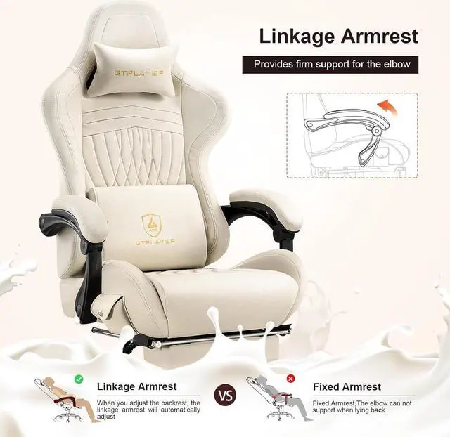 Alt view image 3 of 6 - Gaming Chair with Speakers, Computer Chair with Footrest, High Back Ergonomic Gaming Chair, Reclining Gaming Chair with Linkage Armrests for Adults by GTRacing (Ivory)