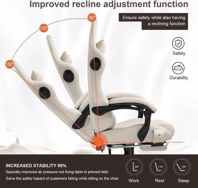 Alt view image 6 of 6 - Gaming Chair with Speakers, Computer Chair with Footrest, High Back Ergonomic Gaming Chair, Reclining Gaming Chair with Linkage Armrests for Adults by GTRacing (Ivory)