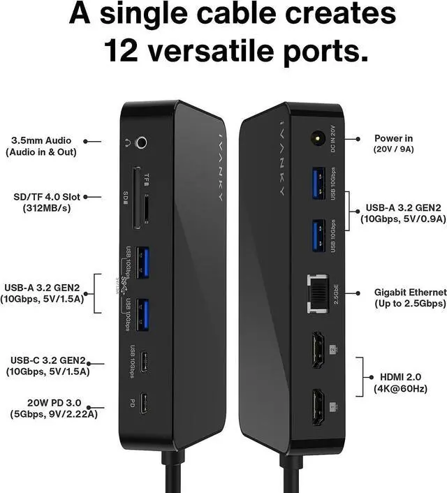Alt view image 6 of 7 - MacBook Pro Docking Station with 180W Power Adapter, 12 in 2 Dual 4K@60Hz USB C Docking Station for MacBook Pro/Air Thunderbolt 3/4 Dock HDMI 2.0, 96W PD, 10Gbps USB 3.2, 2.5GbE SD/TF Audio