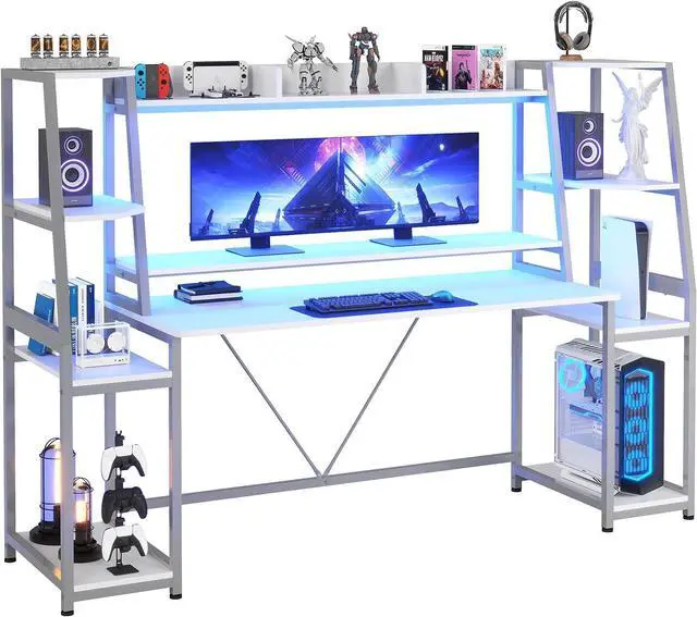 Alt view image 4 of 7 - White Gaming Desk 78.8'' with LED Lights, Hutch and Storage Shelves, Computer Desk with Monitor Stand, Large PC Gamer Desk Workstation, Ergonomic Gaming Table for Bedroom, Living Room