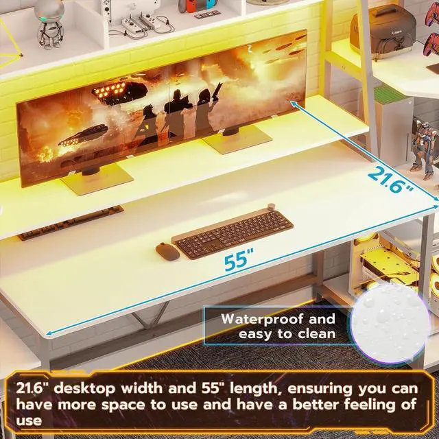 Alt view image 5 of 7 - White Gaming Desk 78.8'' with LED Lights, Hutch and Storage Shelves, Computer Desk with Monitor Stand, Large PC Gamer Desk Workstation, Ergonomic Gaming Table for Bedroom, Living Room