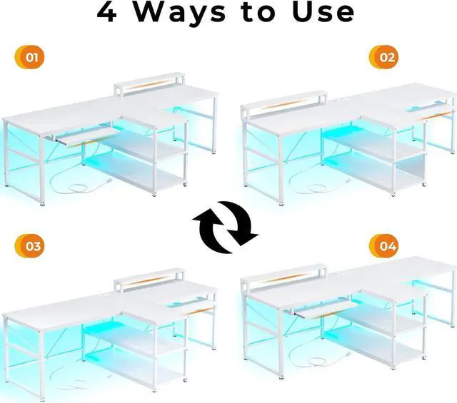 Alt view image 4 of 7 - 94.5" White Computer Desk, Two Person Gaming Desk with LED Light, Keyboard Tray, Power Strip with USB, Monitor Shelf & Storage, Extra Long Double Desk for Home Office, White.