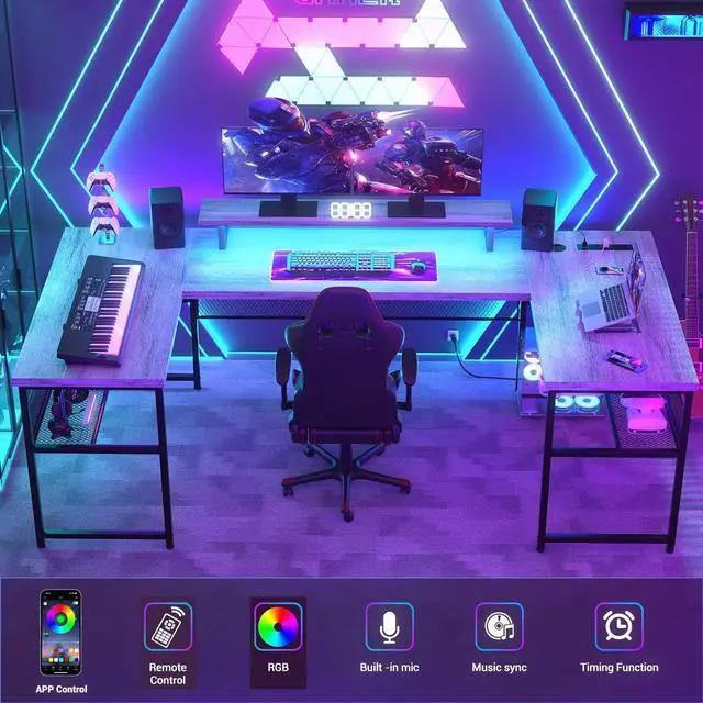 Alt view image 3 of 7 - U Shaped Computer Desk with Power Outlet and LED Strip, Reversible L Shaped Office Desk with Monitor Stand and Bookshelf, Modern U- Shape Corner Desk, 130 Inch 2 Person Gaming Table,Light Walnut