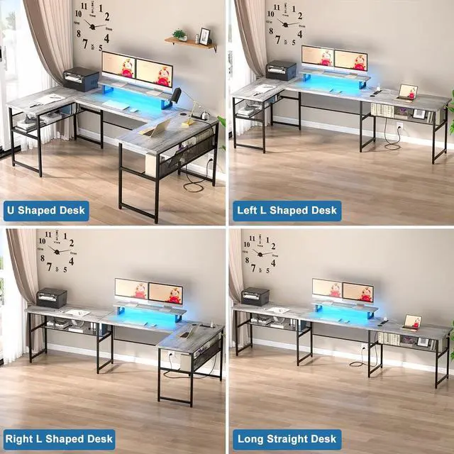 Alt view image 4 of 7 - U Shaped Computer Desk with Power Outlet and LED Strip, Reversible L Shaped Office Desk with Monitor Stand and Bookshelf, Modern U- Shape Corner Desk, 130 Inch 2 Person Gaming Table,Light Walnut